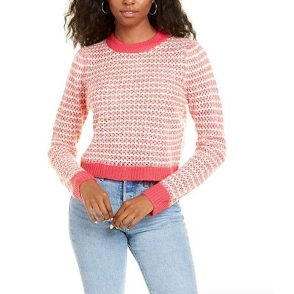 WAYF Women’s Pink & Cream Open Knit Cropped Crewneck Sweater Size: S, M & L - Picture 1 of 9